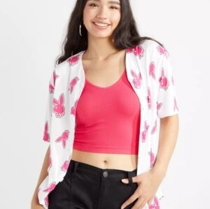 Playboy Baseball Jersey Shirt Womens Medium White Pink All Over Bunny Print